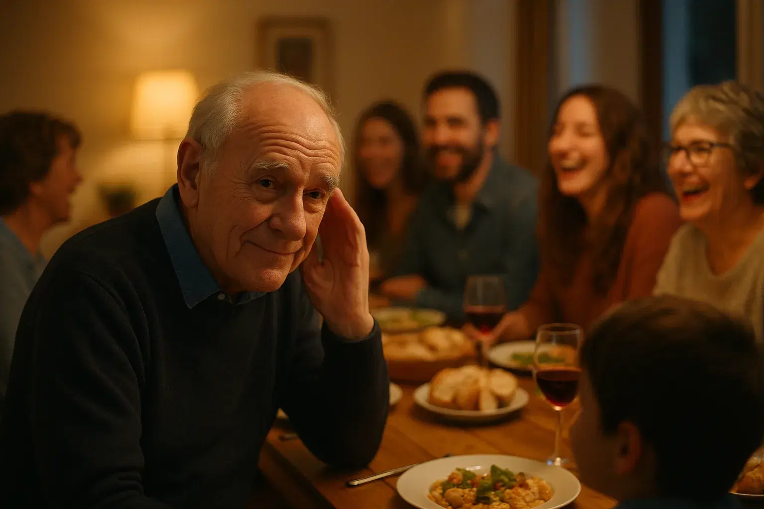 Un homme âgé tend l'oreille pendant un repas de famille