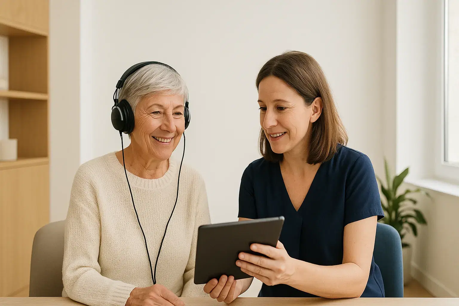 Une audioprothésiste montre un résultat de test à une patiente